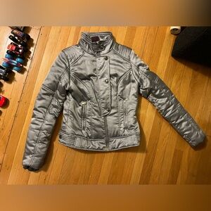 Zella silver grey puffer moto motorcycle jacket M winter coat Nordstrom shiny
